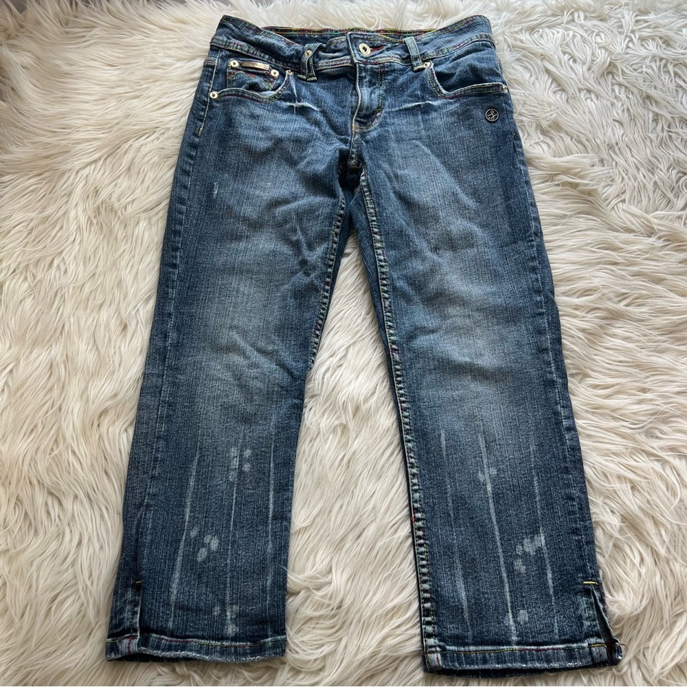 Luxirie Jeans Capri Pants Straight Leg Blue Dark Wash Distressed Women’s Size 27